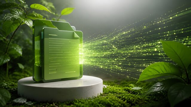 Glowing green digital document folder in a lush natural forest environment representing eco-friendly data storage and sustainable technology