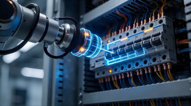 Close Up View Of Robotic Sensor Arm Scanning Circuit Breakers Inside Industrial Switchgear Cabinet