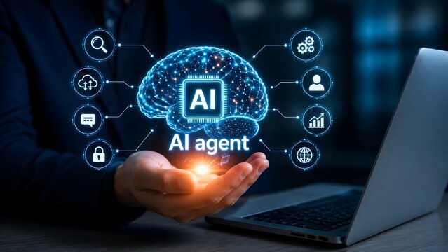 Artificial intelligence agent concept with businessman holding a glowing digital brain and smart business automation icons