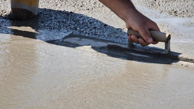Slow motion close-up of finishing an outdoor concrete roof slab with a hand trowel in sunny weather.