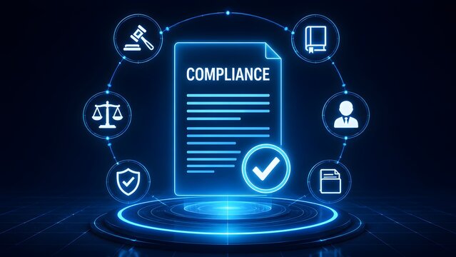 Digital legal compliance concept with glowing document and regulatory icons on a futuristic circular technology platform