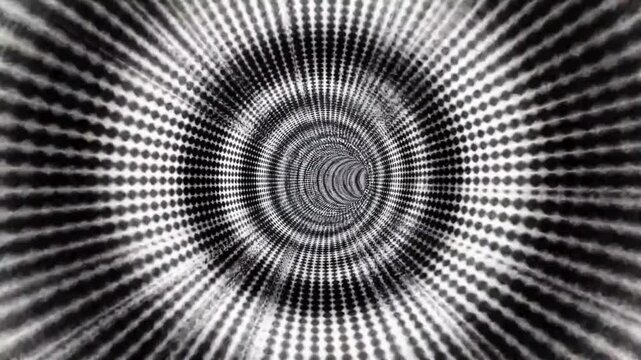 Hypnotic optical illusion tunnel, black and white psychedelic spiral background, monochrome geometric vortex motion loop, trippy abstract pattern