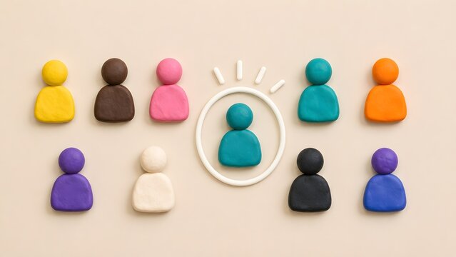 Clay figures highlighting a specific individual in a circle demonstrating targeted selection and employee recognition in a group