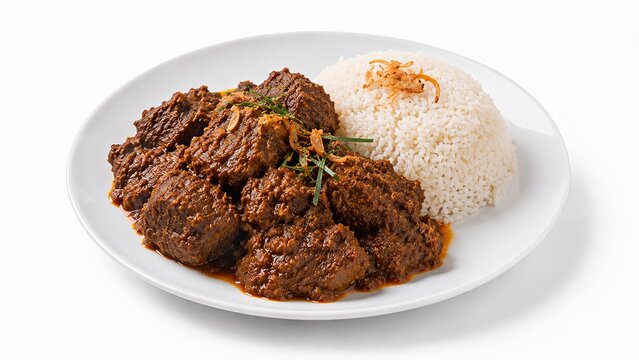 Beef Rendang slow cooked spicy beef stew with coconut and aromatic herbs served with steam rice, 3d render