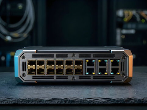 Professional enterprise network switch with multiple ethernet ports for highspeed data transmission in a server room environment