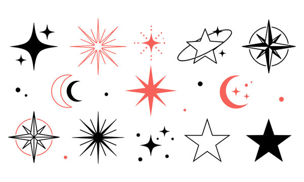 celestial navigation symbols with stars and moons in black and red