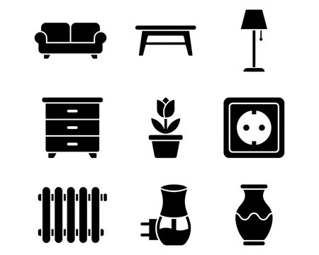 black and white icons of home furniture and decor