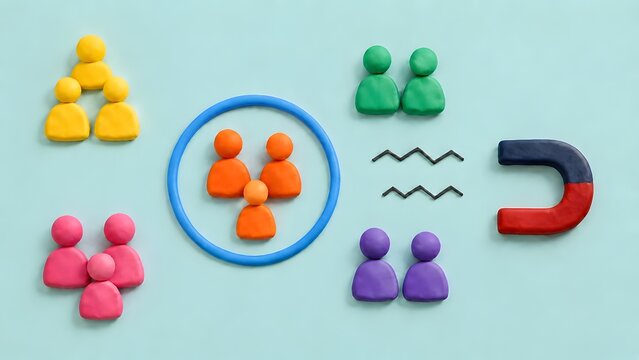 Clay figures demonstrating targeted marketing and customer segmentation with a magnet attracting a specific demographic group
