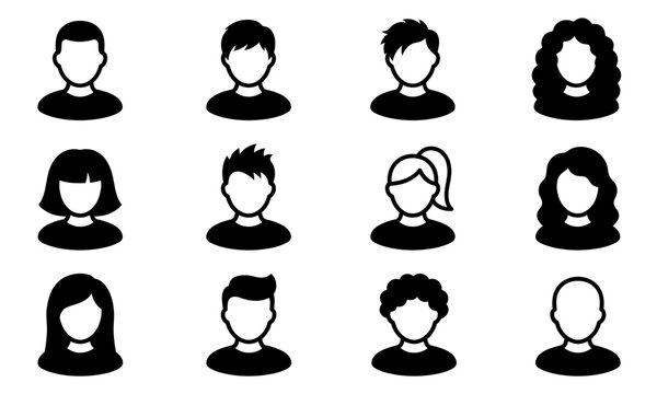 black and white illustrations of diverse people icons