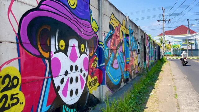Mataram, Indonesia - August 18, 2026: Colorful graffiti murals line a concrete wall along an urban street in Mataram City of Indonesia as motorcycles pass by on a sunny day.