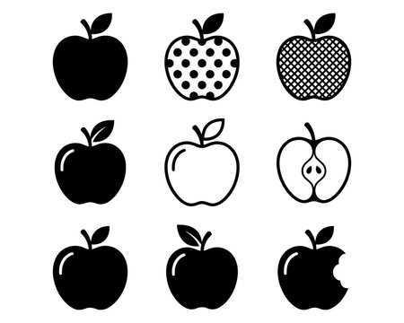 Black and white illustrations of apples in various styles and patterns
