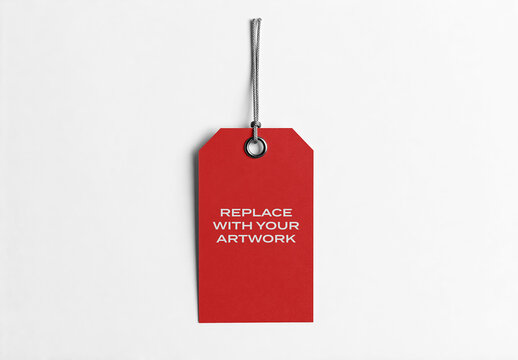 Vertical tag mockup hanging from a string against plain white background, realistic product presentation for branding, advertising, and print design, template label, signage, commercial display