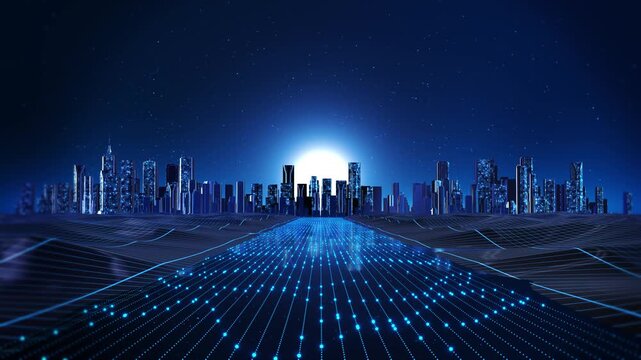Glowing data highway leads futuristic city skyline, intelligent mobility automated infrastructure. Strong autonomous transport, navigation, logistics, geospatial systems, smart traffic urban planning.