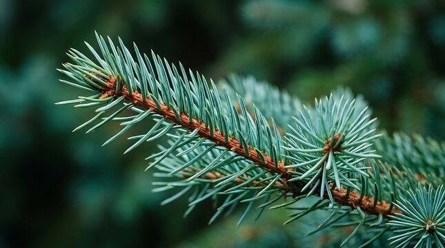 Close-up macro view of a vibrant green spruce tree branch with sharp needles and a textured brown stem in nature.