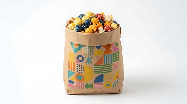 Paper bag filled with gourmet popcorn featuring colorful pattern design