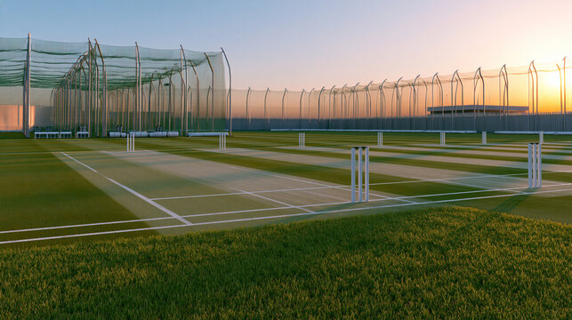 Professional cricket practice facility with outdoor training nets and multiple turf pitches under golden sunset sky.