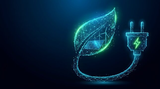 Glowing low poly wireframe illustration of a green leaf connected to an electrical plug symbolizing renewable energy solar panels and wind turbines