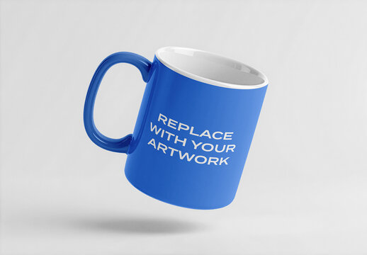 Ceramic mug mockup with white interior and text placeholder, floating in a studio space, product presentation template for branding, graphic design, print advertising