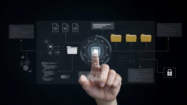 Artificial Intelligence Touchscreen Interface Navigating Digital Data and AI Systems