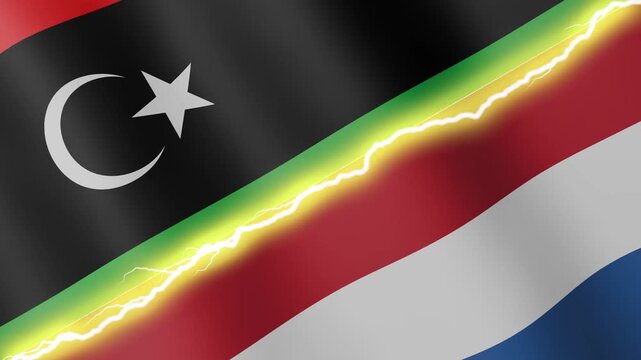 Two waving flags Libya and Netherlands with diagonal lightning seamless, 4k loop