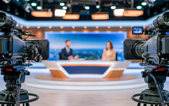 Professional video cameras filming news anchors in a modern television broadcast studio
