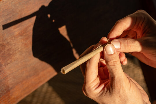 Hands Rolling Cannabis Joint with Silhouette Shadow on Wood