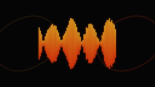 Dynamic glowing yellow and orange sound wave equalizer motion graphics background loop showing rhythmic audio frequency spectrum pulses, music beat visualizer, and futuristic digital sound technology.