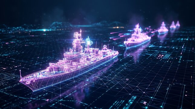 Digital wireframe fleet of warships and aircraft carriers in abstract futuristic neon network grid on dark starry background representing naval warfare technology and digital strategy.
