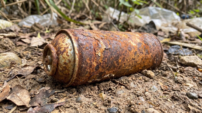 Rusty aerosol can on dry ground exemplifies environmental pollution, amidst plastic waste and dead leaves. Decaying metal container shows clear environmental pollution, impacting nature.