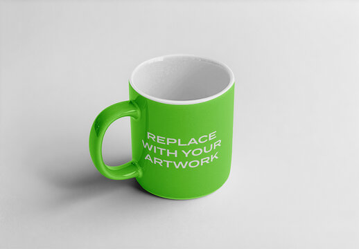 Ceramic mug mockup with white interior and placeholder text on a neutral surface, realistic product presentation for branding graphic design, template artwork display