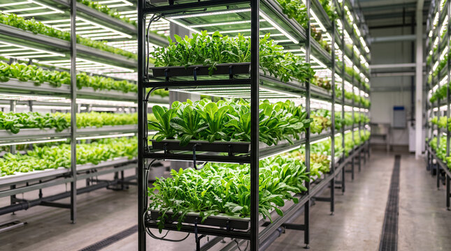 Indoor vertical farm with rows of lush green plants under grow lights