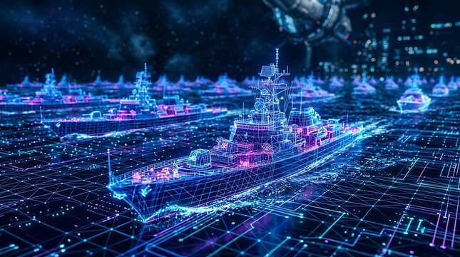 Digital wireframe fleet of warships and aircraft carriers in abstract futuristic neon network grid on dark starry background representing naval warfare technology and digital strategy.