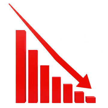 Red bar chart showing a financial decline and downward trend isolated on transparent background