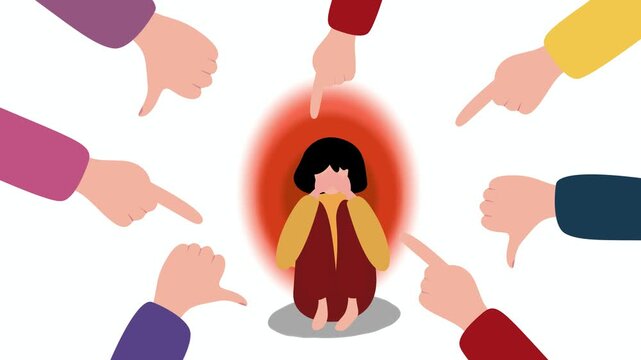 Stop Cyberbullying Concept Motion Graphic, Depressed Girl Surrounded by Pointing Hands Animation mental health
