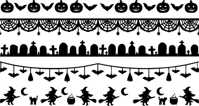 Decorative halloween vector border set featuring spooky silhouettes of pumpkins, flying bats, eerie tombstones, hanging spiders, and dancing black witches