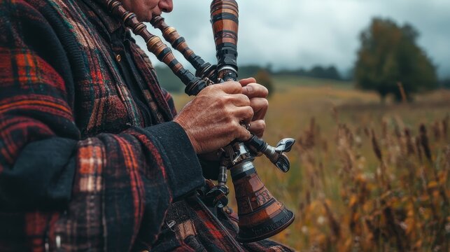 A mature Caucasian male in a plaid jacket plays a woodwind instrument in a field. This image is relevant to Tartan Day