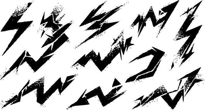 Dynamic lightning bolt vector collection featuring sharp jagged edges with distressed grunge textures for creative graphic design and artistic projects