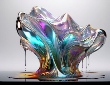 a mesmerizing crystalline waterfall of liquid metal suspended in mid flow creating an iridescent sculptural form against a stark white void ultra detailed 3d rendering