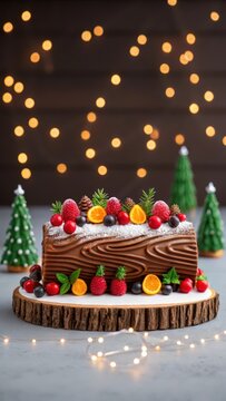 Delicious christmas yule log cake decorated with fresh berries and fruit on a wooden board with festive lights background