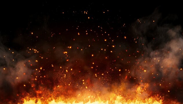 background with fire sparks embers and smoke overlay effect of burn coal grill hell or bonfire with flame glow flying orange sparkles and fog on black background