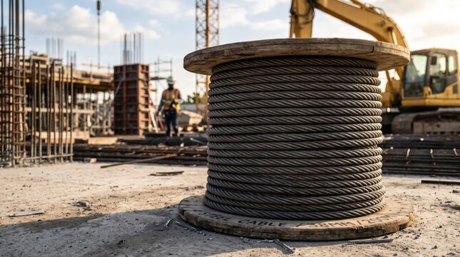 Industrial construction site showcasing large wire cable spool, cranes, and workers amidst urban development, highlighting labor and infrastructure progress