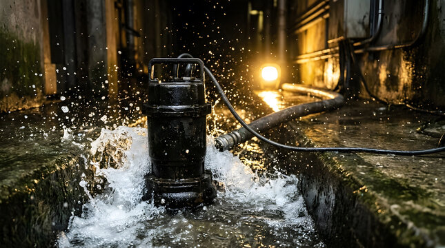 Heavy-Duty Submersible Water Pump Draining Flooded Basement | Industrial Submersible Sump Pump Operating in Water Stream | Emergency Water Pumping and Removal System in Action 