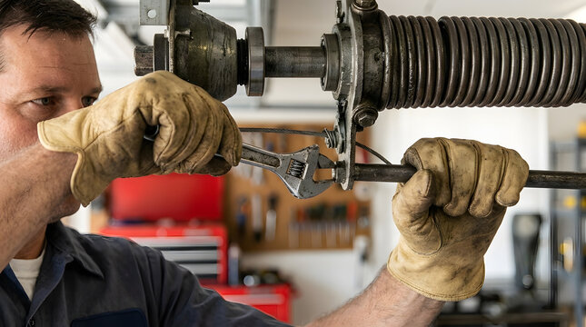 Professional Technician Repairing Heavy-Duty Garage Door Torsion Spring | Adjusting Garage Door Winding Cone with Wrench Tool | Overhead Garage Door Spring Tension Adjustment and Repair 
