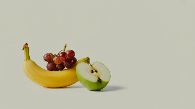 Yellow banana red grapes and green apple half bunch of grapes