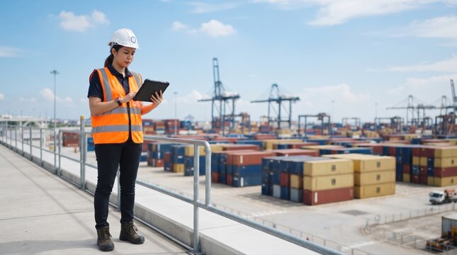 Female Construction Worker in Safety Gear Using Tablet at Shipping Port with Stacked Cargo Containers and Cranes in Background on a Bright Day