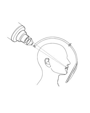 Line art illustration of a human head with a futuristic neural interface device and beam