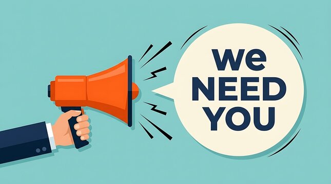 Man holding orange megaphone shouting we need you in speech bubble on blue background, concept for recruitment announcement or call to action, graphic illustration.