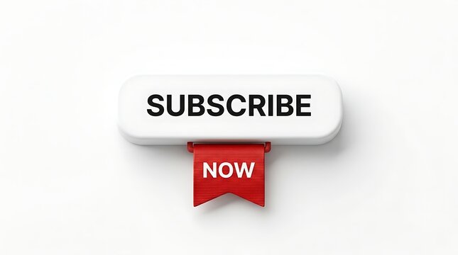 White button with subscribe text and red ribbon banner saying now, for website promotion or online subscription service, isolated on white background, modern design element.