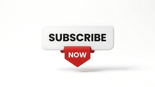 White button with subscribe text and red ribbon banner saying now, for website promotion or online subscription service, isolated on white background, modern design element.