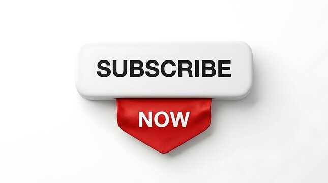 Modern subscribe button with a red ribbon tag for immediate action and online engagement on a clean white background studio shot.